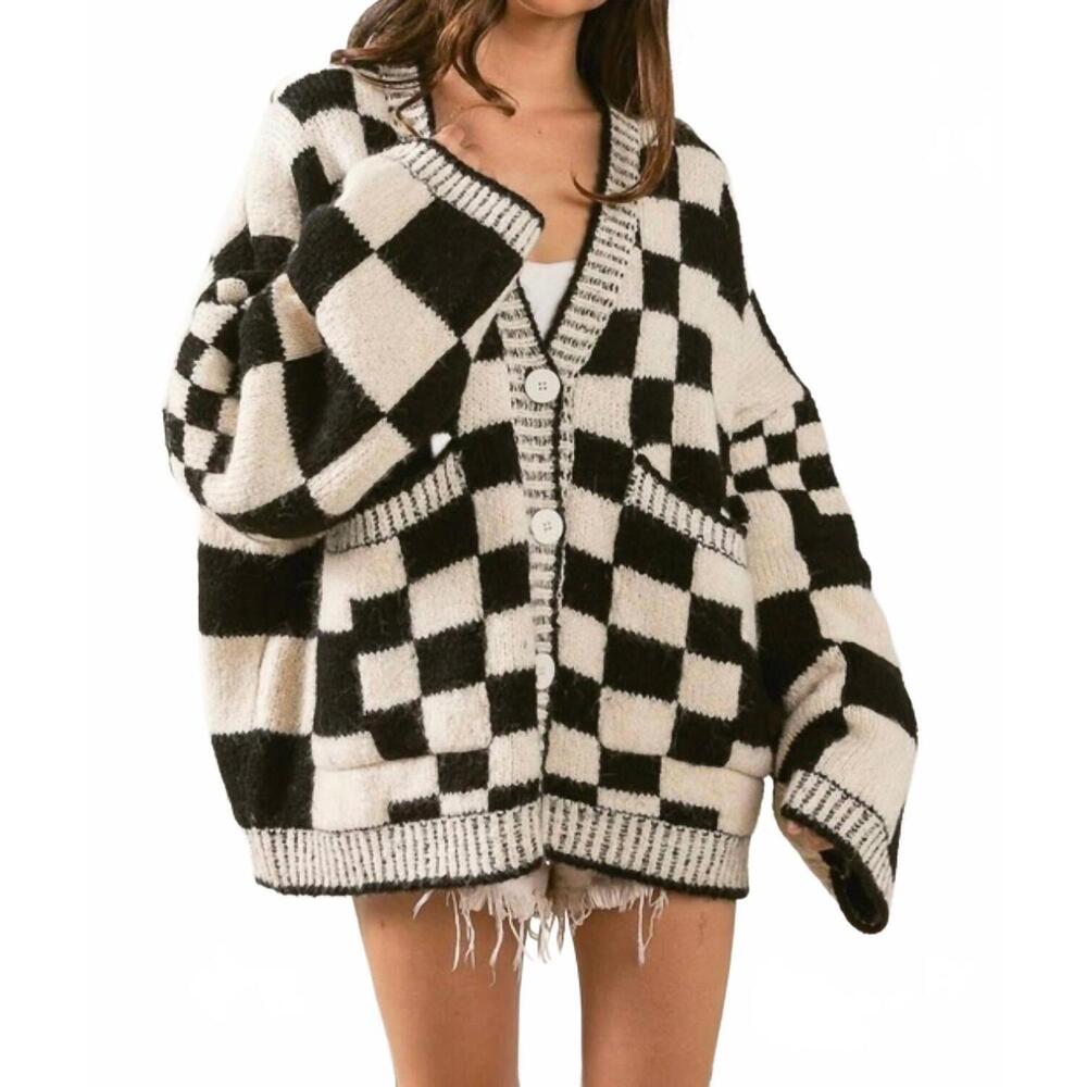 NEW BIBI patch pockets checkered sweater cardigan in black - Picture 3 of 4